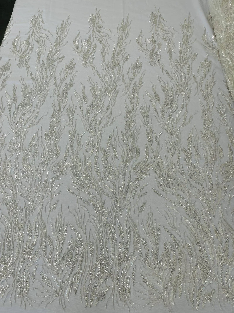 Beaded Wavy Plant Lines Fabric - Off-White - Embroidered Wedding Bridal Fabric Sold By The Yard