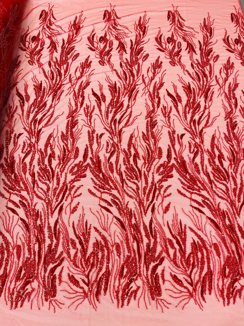 Beaded Wavy Plant Lines Fabric - Red - Embroidered Wedding Bridal Fabric Sold By The Yard