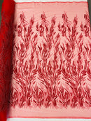 Beaded Wavy Plant Lines Fabric - Red - Embroidered Wedding Bridal Fabric Sold By The Yard