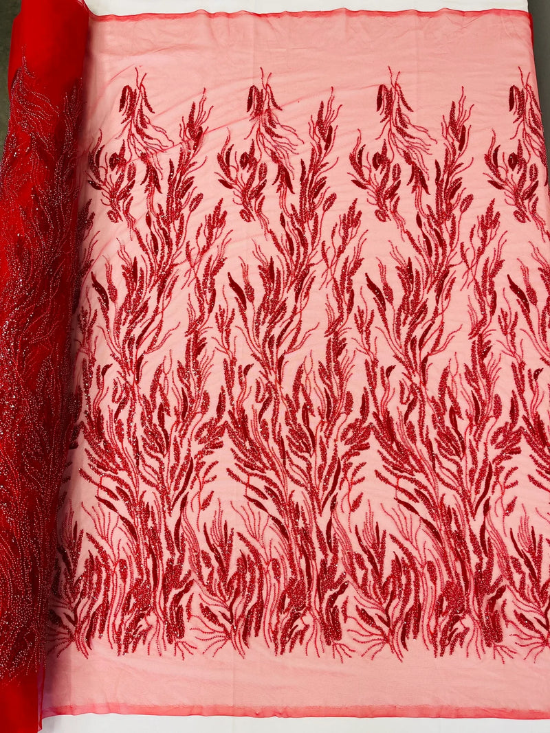 Beaded Wavy Plant Lines Fabric - Red - Embroidered Wedding Bridal Fabric Sold By The Yard