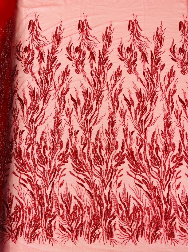 Beaded Wavy Plant Lines Fabric - Red - Embroidered Wedding Bridal Fabric Sold By The Yard