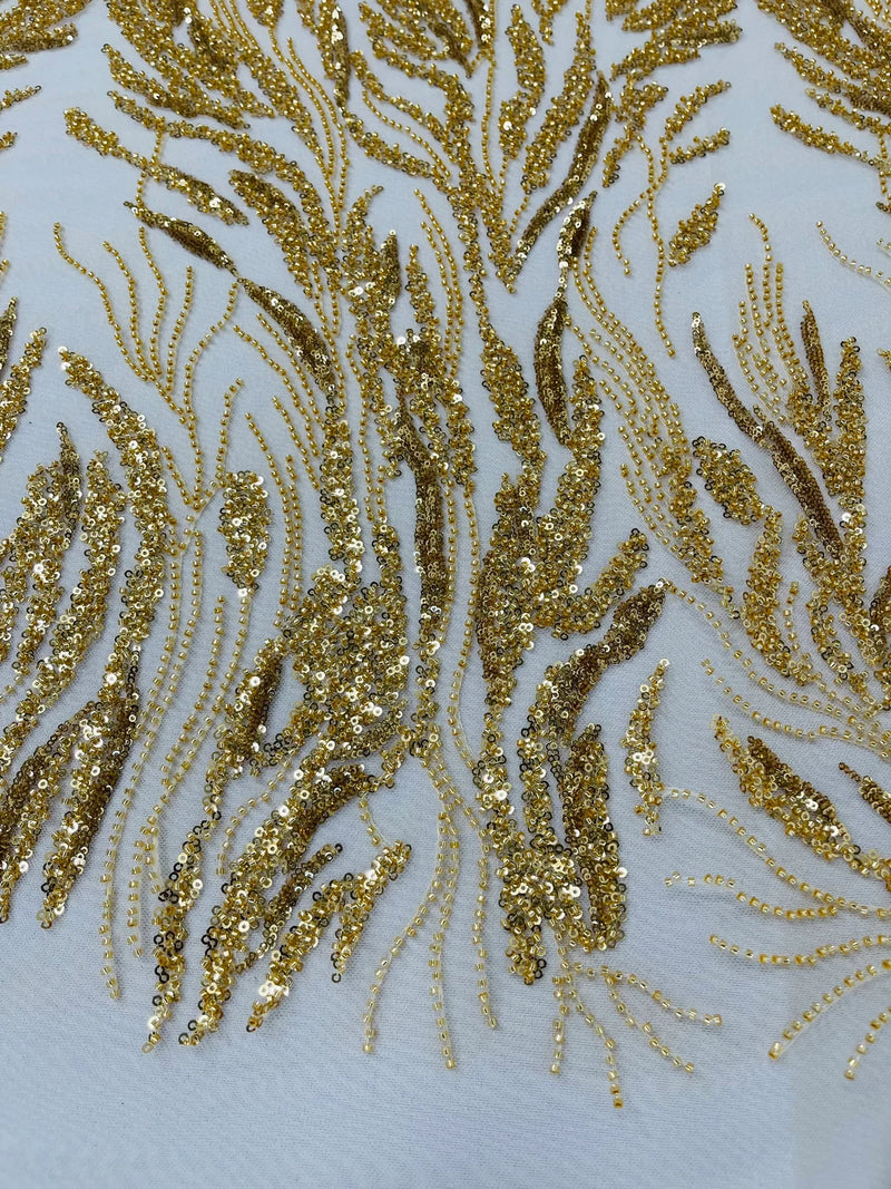 Beaded Wavy Plant Lines Fabric - Gold - Embroidered Wedding Bridal Fabric Sold By The Yard