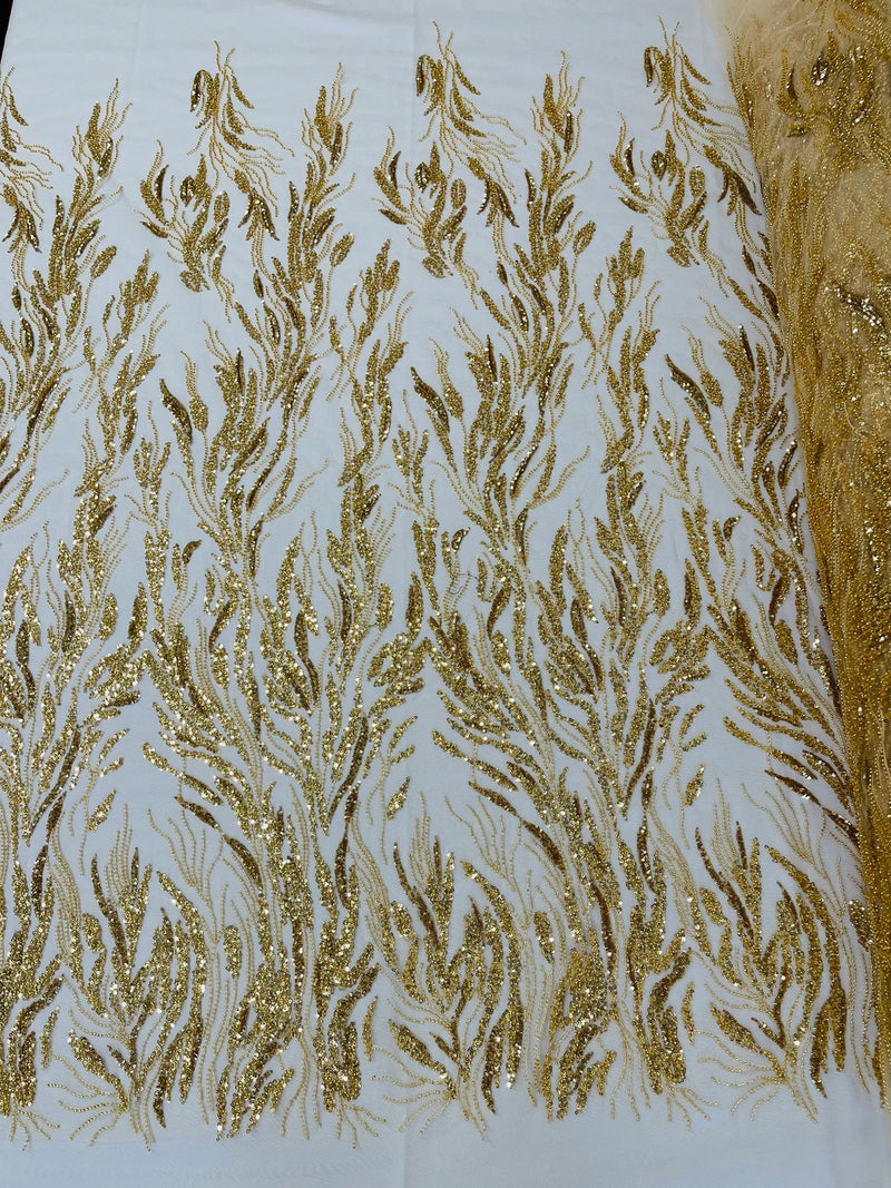 Beaded Wavy Plant Lines Fabric - Gold - Embroidered Wedding Bridal Fabric Sold By The Yard