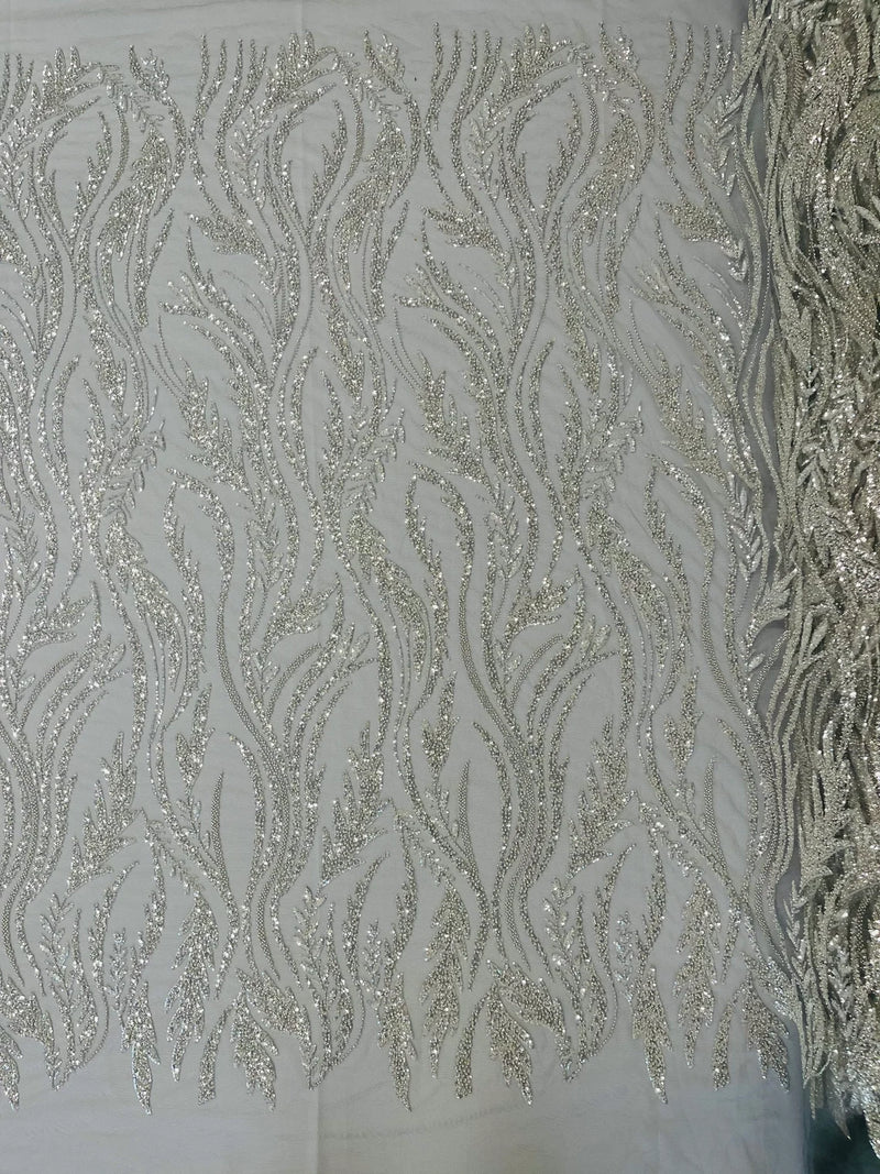 Wavy Lines with Leaf Pattern Beads Fabric - Silver - Embroidered Beaded Wedding Bridal Fabric By The Yard