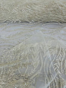 Wavy Lines with Leaf Pattern Beads Fabric - Off-White - Embroidered Beaded Wedding Bridal Fabric By The Yard