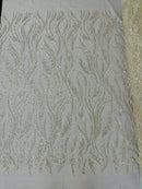 Wavy Lines with Leaf Pattern Beads Fabric - Off-White - Embroidered Beaded Wedding Bridal Fabric By The Yard