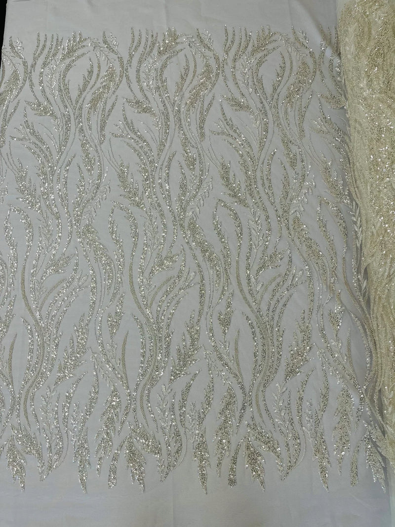 Wavy Lines with Leaf Pattern Beads Fabric - Off-White - Embroidered Beaded Wedding Bridal Fabric By The Yard