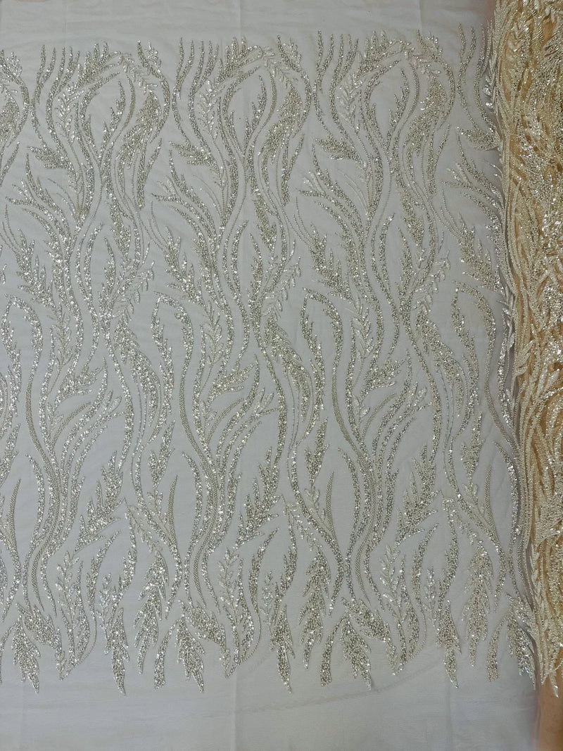 Wavy Lines with Leaf Pattern Beads Fabric - Nude - Embroidered Beaded Wedding Bridal Fabric By The Yard