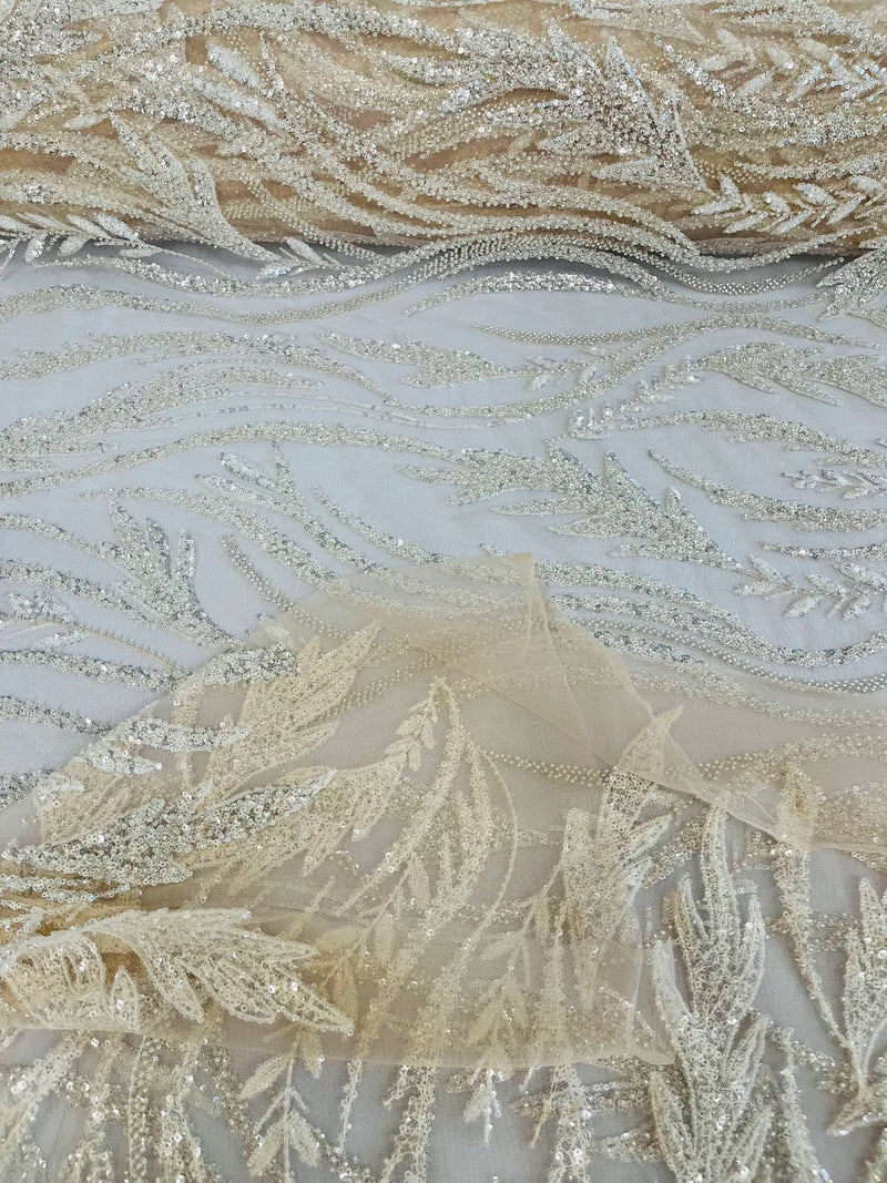 Wavy Lines with Leaf Pattern Beads Fabric - Nude - Embroidered Beaded Wedding Bridal Fabric By The Yard