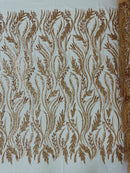 Wavy Lines with Leaf Pattern Beads Fabric - Rose Gold - Embroidered Beaded Wedding Bridal Fabric By The Yard