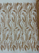 Wavy Lines with Leaf Pattern Beads Fabric - Rose Gold - Embroidered Beaded Wedding Bridal Fabric By The Yard