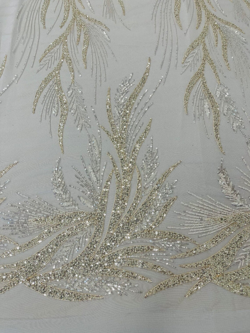 Beaded Leaf Pattern Fabric - Nude - Embroidered Beaded Wedding Bridal Fabric Sold By The Yard