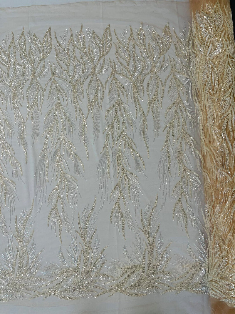 Beaded Leaf Pattern Fabric - Nude - Embroidered Beaded Wedding Bridal Fabric Sold By The Yard