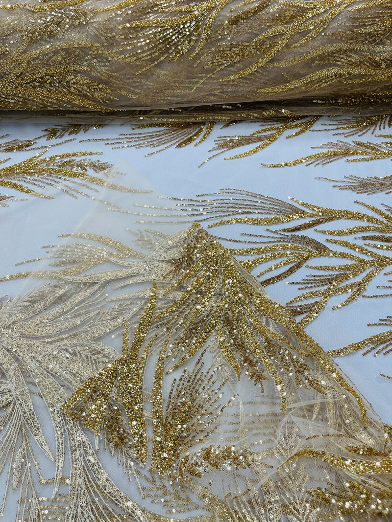 Beaded Leaf Pattern Fabric - Gold - Embroidered Beaded Wedding Bridal Fabric Sold By The Yard