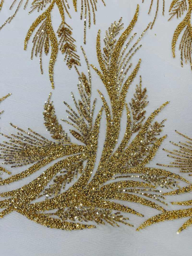 Beaded Leaf Pattern Fabric - Gold - Embroidered Beaded Wedding Bridal Fabric Sold By The Yard