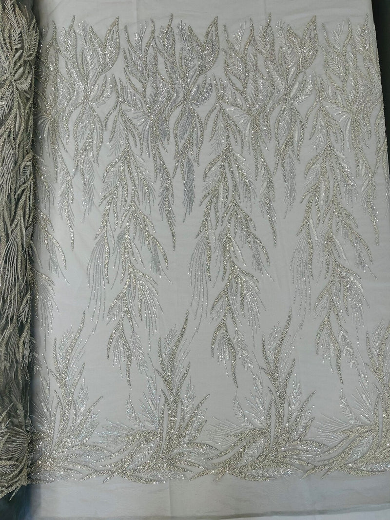 Beaded Leaf Pattern Fabric - Silver - Embroidered Beaded Wedding Bridal Fabric Sold By The Yard