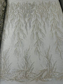 Beaded Leaf Pattern Fabric - Silver - Embroidered Beaded Wedding Bridal Fabric Sold By The Yard