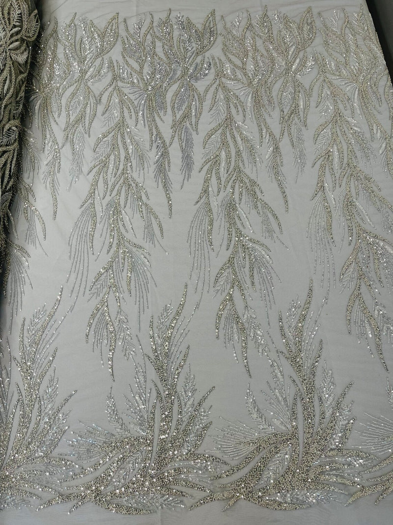 Beaded Leaf Pattern Fabric - Silver - Embroidered Beaded Wedding Bridal Fabric Sold By The Yard