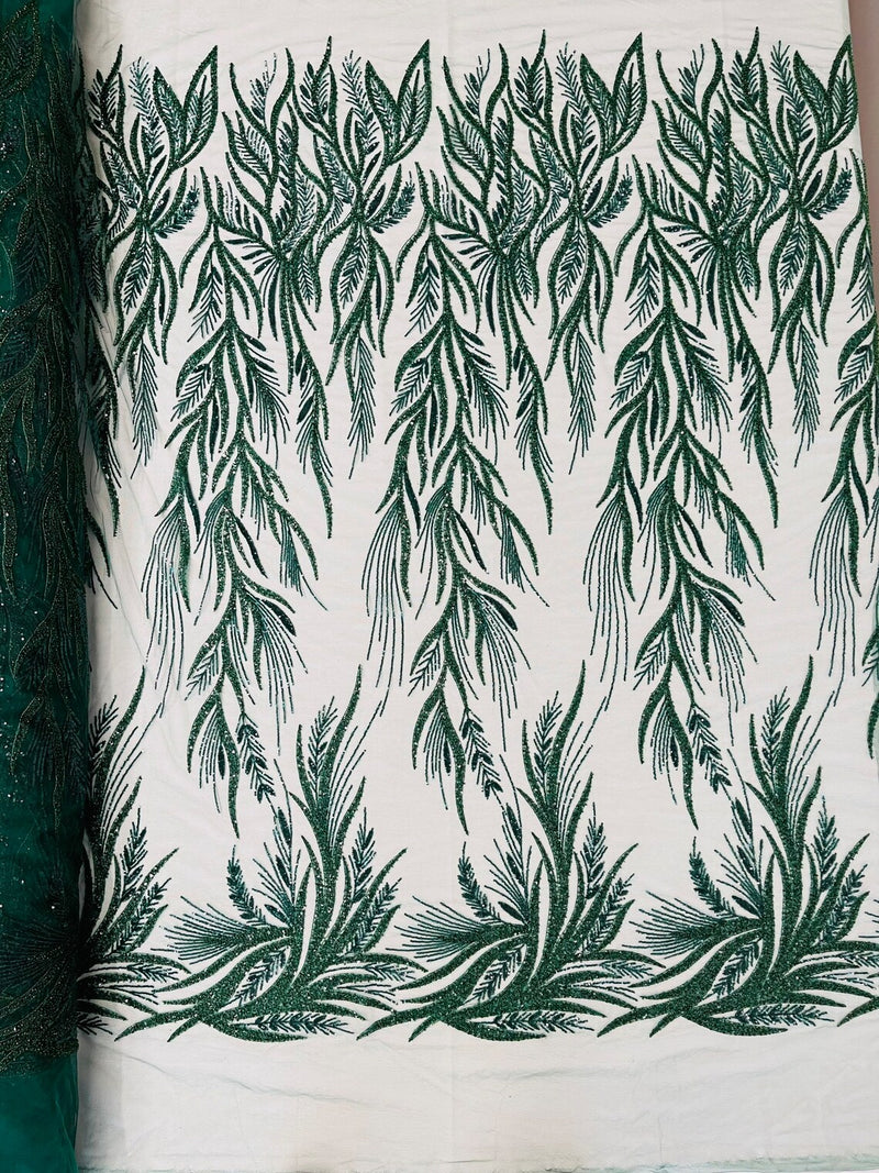 Beaded Leaf Pattern Fabric - Hunter Green - Embroidered Beaded Wedding Bridal Fabric Sold By The Yard