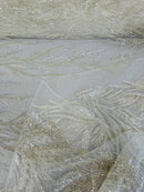 Beaded Leaf Pattern Fabric - Off-White - Embroidered Beaded Wedding Bridal Fabric Sold By The Yard