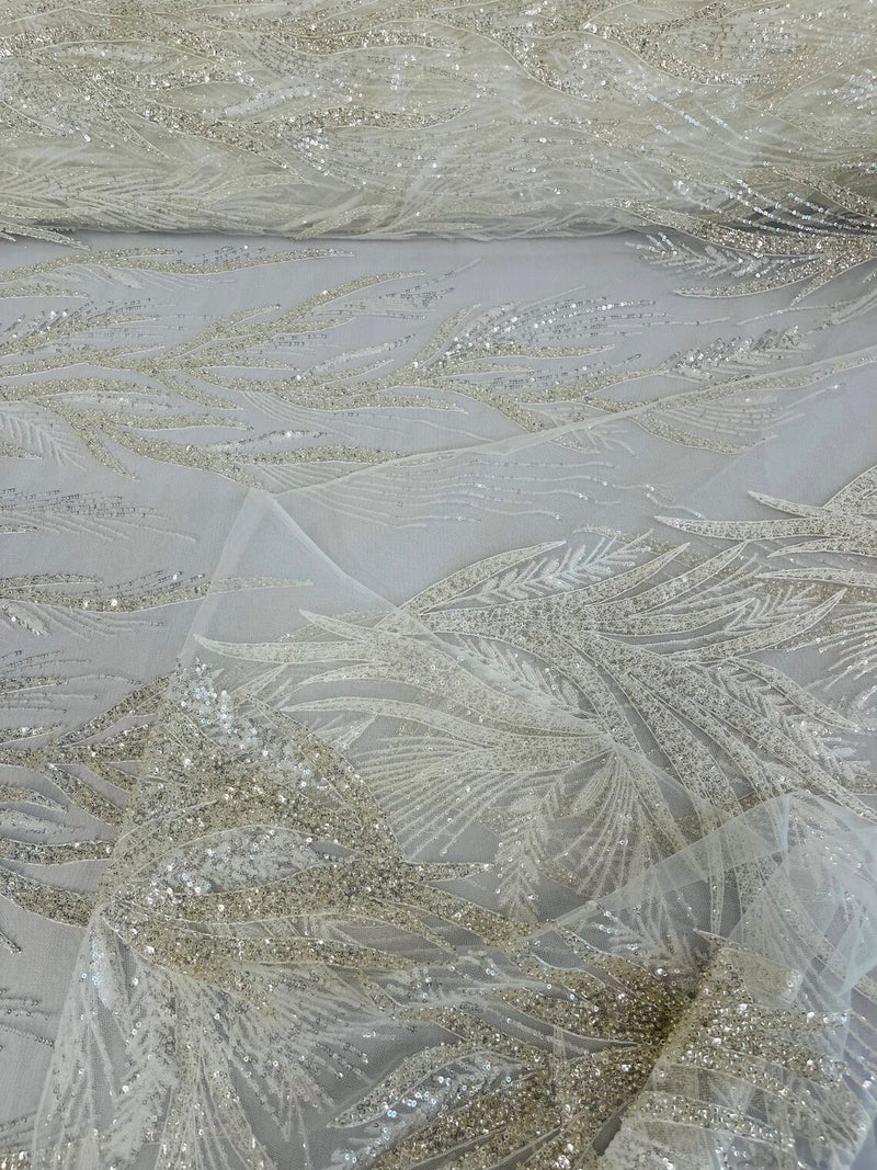 Beaded Leaf Pattern Fabric - Off-White - Embroidered Beaded Wedding Bridal Fabric Sold By The Yard