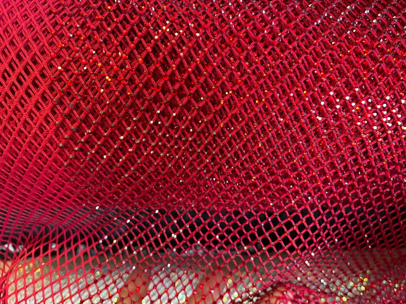 Rhinestone Fish Net Fabric - Burgundy - Solid Spandex Fish Net Style Fabric with Rhinestones by Yard