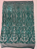 Paisley Lines Sequin Fabric - Teal Green - 4 Way Stretch Fancy Fabric By The Yard