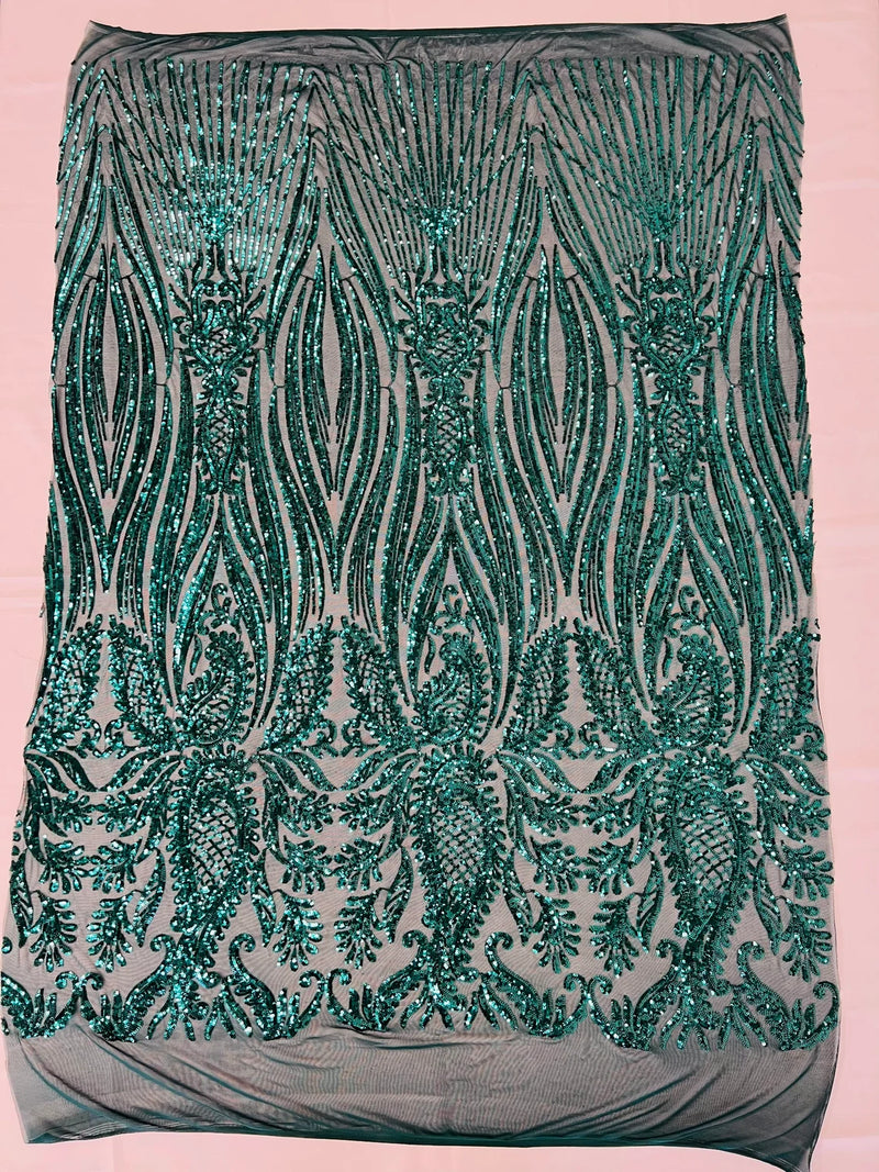 Paisley Lines Sequin Fabric - Teal Green - 4 Way Stretch Fancy Fabric By The Yard