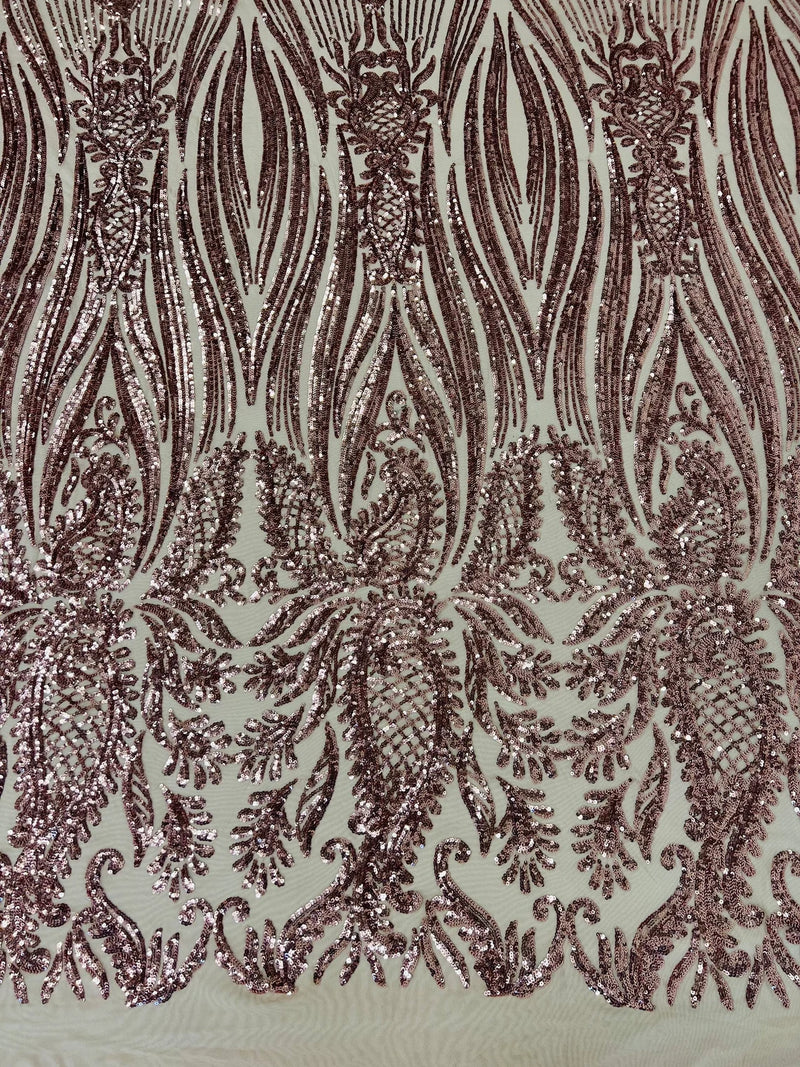 Paisley Lines Sequin Fabric - Dusty Rose - 4 Way Stretch Fancy Fabric By The Yard