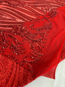 Paisley Lines Sequin Fabric - Red - 4 Way Stretch Fancy Fabric By The Yard