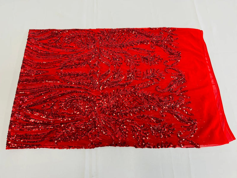 Paisley Lines Sequin Fabric - Red - 4 Way Stretch Fancy Fabric By The