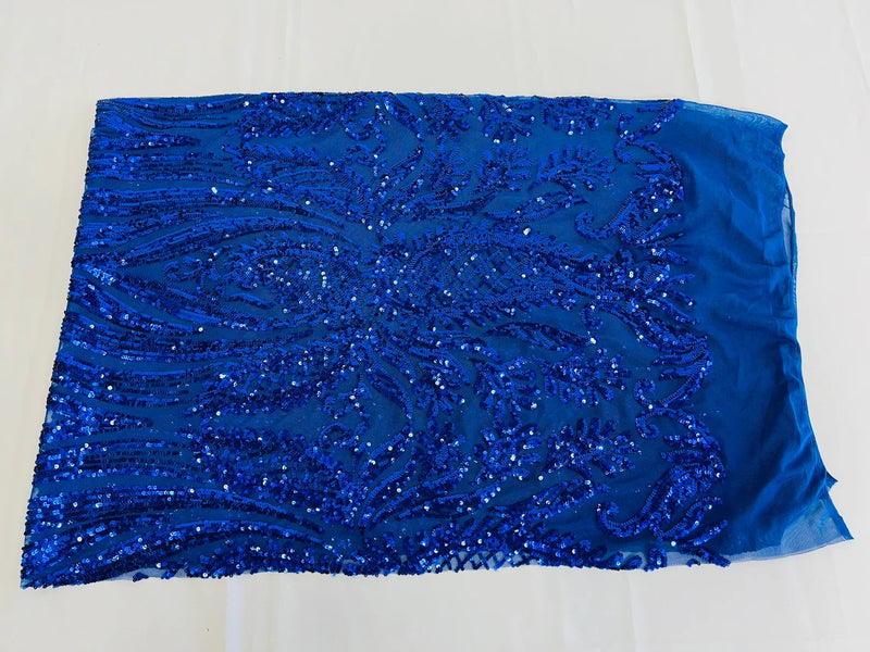 Paisley Lines Sequin Fabric - Royal Blue - 4 Way Stretch Fancy Fabric By The Yard