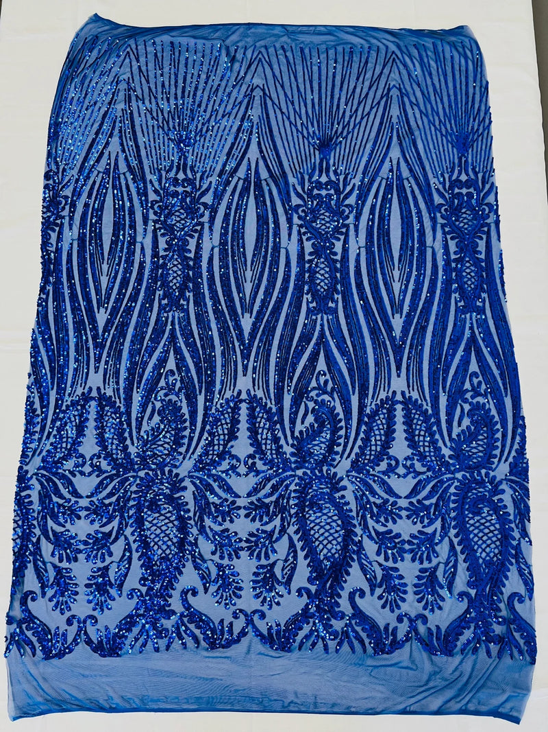 Paisley Lines Sequin Fabric - Royal Blue - 4 Way Stretch Fancy Fabric By The Yard