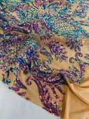 Paisley Lines Sequin Fabric - Iridescent Purple on Skin - 4 Way Stretch Fancy Fabric By The Yard