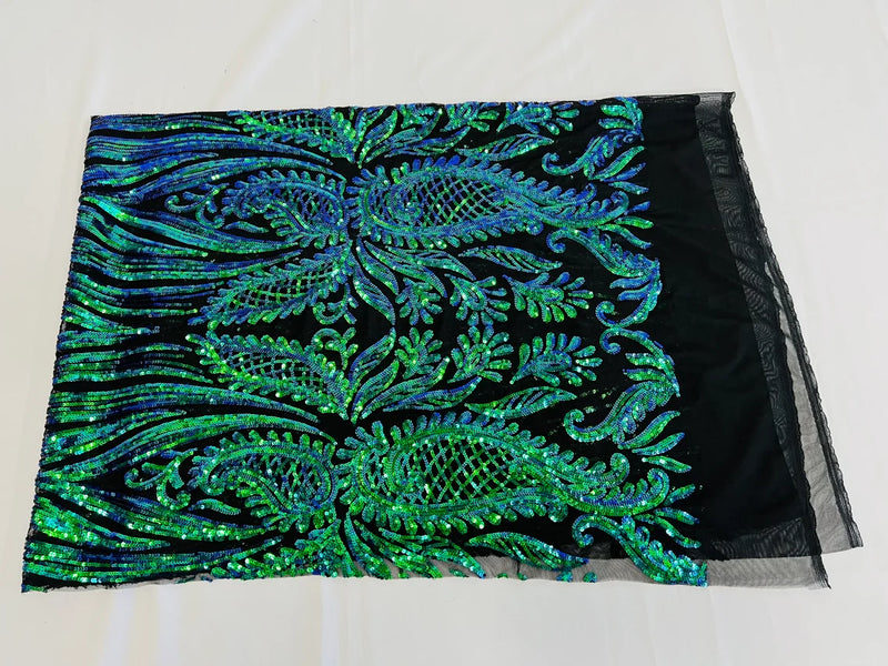 Paisley Lines Sequin Fabric - Green Mermaid - 4 Way Stretch Fancy Fabric By The Yard