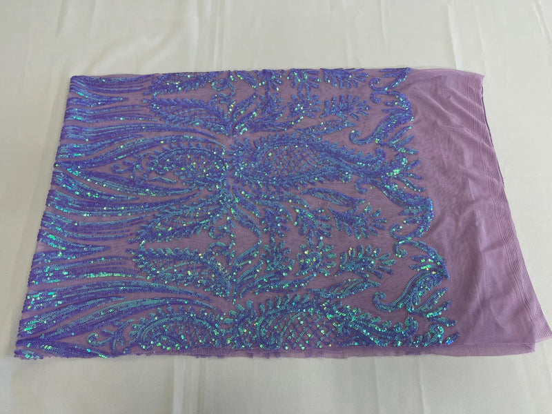 Paisley Lines Sequin Fabric - Iridescent Lilac - 4 Way Stretch Fancy Fabric By The Yard