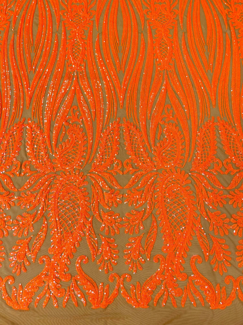 Paisley Lines Sequin Fabric - Orange - 4 Way Stretch Fancy Fabric By The Yard