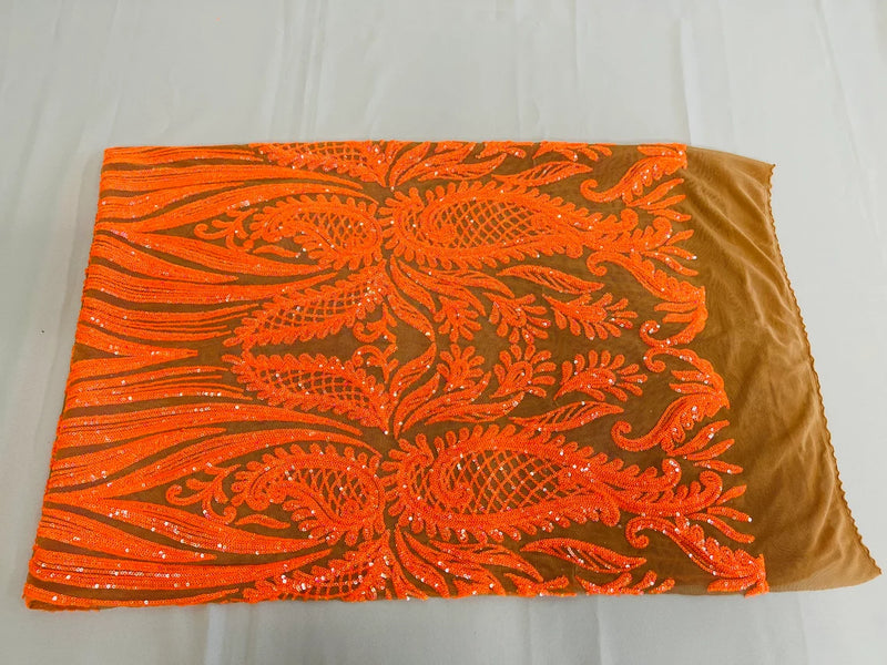 Paisley Lines Sequin Fabric - Orange - 4 Way Stretch Fancy Fabric By The Yard