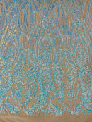Paisley Lines Sequin Fabric - Aqua / Blue - 4 Way Stretch Fancy Fabric By The Yard