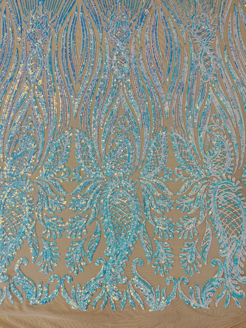 Paisley Lines Sequin Fabric - Aqua / Blue - 4 Way Stretch Fancy Fabric By The Yard