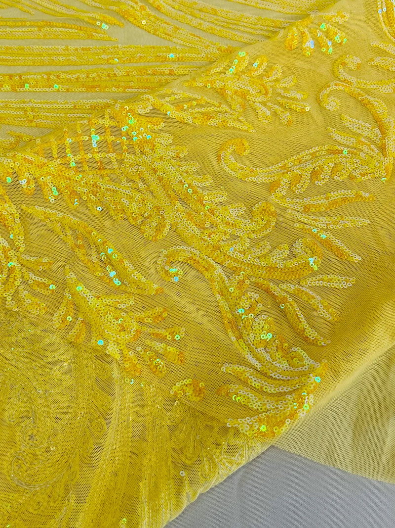 Paisley Lines Sequin Fabric - Iridescent Yellow - 4 Way Stretch Fancy Fabric By The Yard