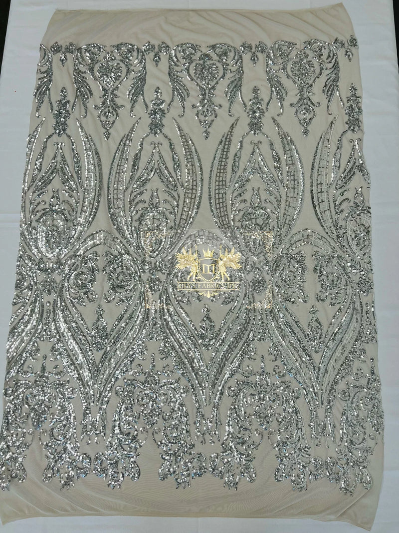 Damask Sequins - Silver - Damask Sequin Design on 4 Way Stretch Fabric By Yard