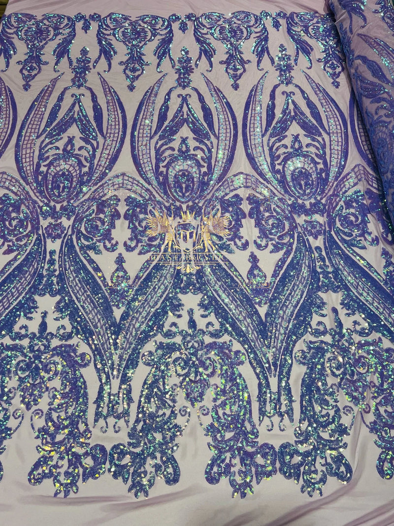 Damask Sequins - Iridescent Lavender - Damask Sequin Design on 4 Way Stretch Fabric By Yard