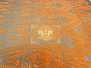 Damask Sequins - Orange on Coffee - Damask Sequin Design on 4 Way Stretch Fabric By Yard