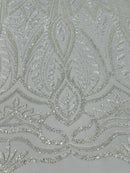 Wedding Beaded Fabric - Silver - Embroidered Fancy Fashion Pattern Fabric Sold By Yard
