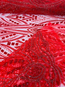 Wedding Beaded Fabric - Red - Embroidered Fancy Fashion Pattern Fabric Sold By Yard