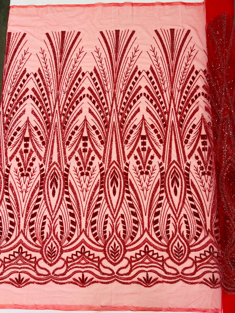 Wedding Beaded Fabric - Red - Embroidered Fancy Fashion Pattern Fabric Sold By Yard