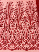 Wedding Beaded Fabric - Red - Embroidered Fancy Fashion Pattern Fabric Sold By Yard