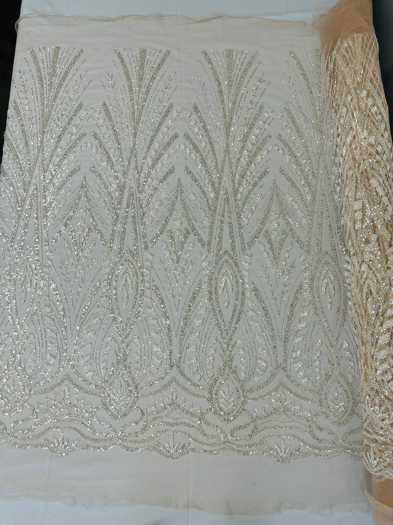 Wedding Beaded Fabric - Clear - Embroidered Fancy Fashion Pattern Fabric Sold By Yard