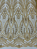 Wedding Beaded Fabric - Gold - Embroidered Fancy Fashion Pattern Fabric Sold By Yard